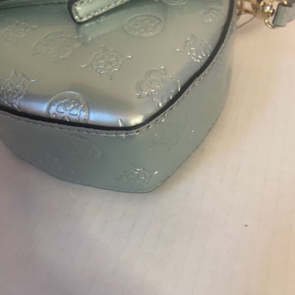 GUESS Arnela Debossed Logo Mini Heart Crossbody Bag in light Blue Leather (NEW) - Picture 4 of 6